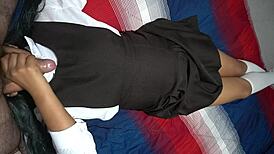 Horny teacher convinces sexy Mexican schoolgirl for doggystyle sex in exchange for better grades.