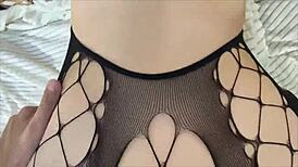 hot stepsister starts with a footjob on his hard cock then gets bent over for doggy