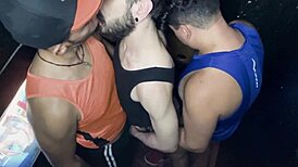 Kinky chaser explores sex cabins for hardcore threesome anal fucking with big cocks