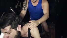 Kinky chaser explores sex cabins for hardcore threesome anal fucking with big cocks