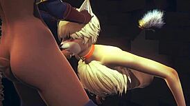 Young fox in furry yaoi hentai eagerly sucks two futanari dicks, sissy crossdressing in japanese asian manga style, until they cum in his mouth.