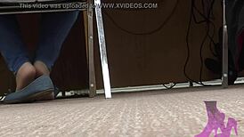 Wife candid library shoeplay nude nylons and blue jean flats intensely