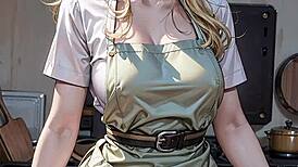 AI-generated blonde chef flashes her pussy in the kitchen.