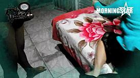 Couple celebrates Halloween early morning with endowed friend Ksal Morningstar, sucking his big black cock.