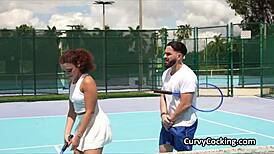 Damn, Curly Ebony Spinner Rides Big Cock After Tennis Match!
