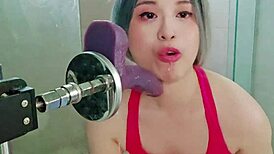 Twink expertly deepthroats the dildo machine in homemade scene.