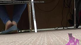 Wife candid library shoeplay nude nylons and blue jean flats intensely