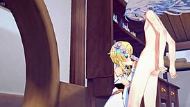 Genshin hentai: Lumine blows Razor!