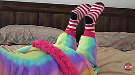 stripe socks critter in cosplay striptease