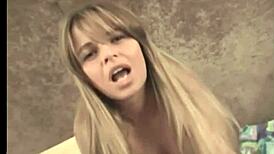 Blonde BBW Bounces Big Tits While Masturbating with Dildo in Stockings