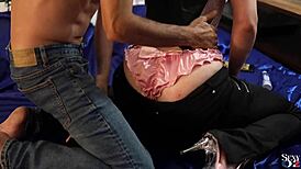 French amateur in black leather pants and pink satin panties gets ass licking, blowjob, and spanking in doggy style pov