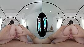 Helpful brunette girlfriend uses vibrator on monster cock in POV VR porn session.