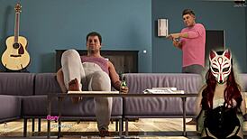 Milf in corset sucks cock to orgasm in game