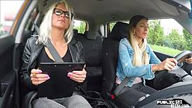 Euro lesbians licking trimmed pussy in public car lesson