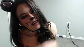 Teen Girl in Slutty Pussy Cat Outfit Fingers Her Wet Pussy on Webcam for Viewers