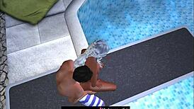 Captured on the public pool jumping board in cartoon style