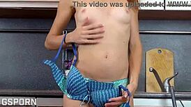 skinny brunette with hairy pussy masturbating in kitchen 🔥