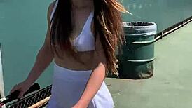 brunette model abbie maley on tennis court