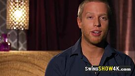 Busty brunette participates in swinger orgy with big cock