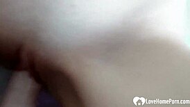 Drilled with a long strap on, getting blowjob and cumshot.