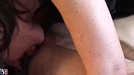 French amateur in black satin dress gets rimmed doggystyle over red panties.