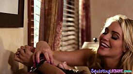 Tribbing Teen Squirting on Bed After Intense Oral Session with Glamour Babe.