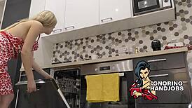 hey, watch this super sexy petite wife tease my cock in the kitchen!