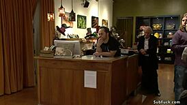 blonde bound and punished in bizarre public shoe shop gangbang