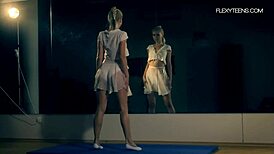 Amateur Blonde Gymnast Teasing in White Dress at Fitness Gym