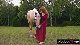 Suggestive Striptease By Redhead Goddess Heidi Romanova Revealing Hairless Pussy Outdoors