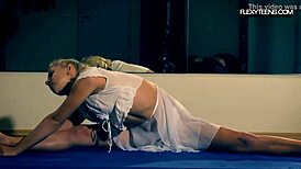 Amateur Blonde Gymnast Teasing in White Dress at Fitness Gym