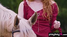 Suggestive Striptease By Redhead Goddess Heidi Romanova Revealing Hairless Pussy Outdoors