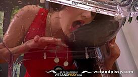 Sexy girl peeing splashes feet in piss puddle!