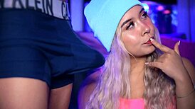 Horny blonde with a cute face stimulates her boyfriend's cock with her boxers on!