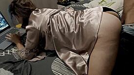 Solo performance in satin nightie with dirty talk