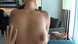 hot asian chick rides with her creamy pussy exposed