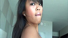 hot asian chick rides with her creamy pussy exposed