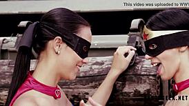 brunette wonderfuck woman masturbates and fingers before strapon fucking outdoors