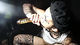 caprino hardcore rides two-headed dildo with intense passion