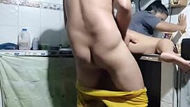 my guy thrusts into me in the kitchen, givin' a nice fuck and leavin' his cum inside