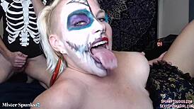 A young girl has skull penetrated and swallows semen on halloween