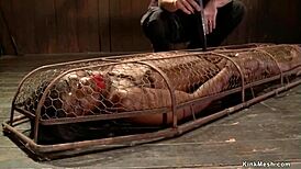 ebony woman bound in back arch bondage zipper for rough fucking