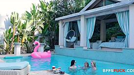 Pool lesbians dive into wild orgy with fingering and banging