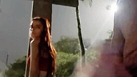 This brunette gets bent over for risky doggystyle fuck at the bus stop.