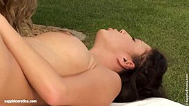 Garden threesome with sensual lesbian action by Sapphix