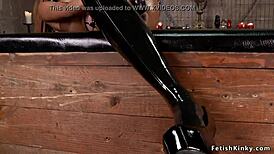 Ebony beauty in latex stockings gets anal toy play