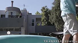 Sensual shemale natalie mars seduces big dick pool guy with toes sucking anal monster cock