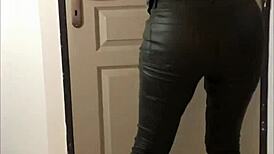 french amateur in leather pants and satin lingerie pov