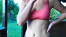 Teen strips outdoors revealing cameltoe and ripped clothes