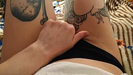 Horny babe self-fucks with big dildo